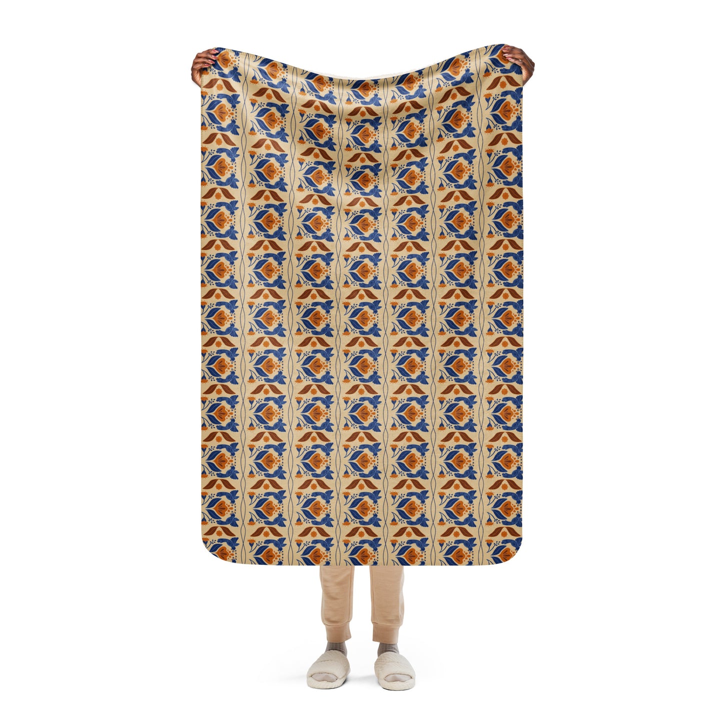 Bird & Bloom Tumeric and Blue Sherpa Blanket | Cozy Plush Throw for Sofa or Bed