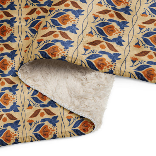Bird & Bloom Tumeric and Blue Sherpa Blanket | Cozy Plush Throw for Sofa or Bed