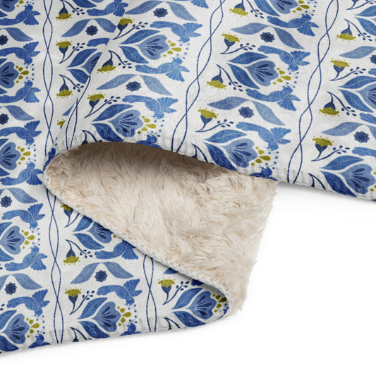 Bird & Bloom Blue and Yellow Sherpa Blanket | Cozy Plush Throw for Sofa or Bed