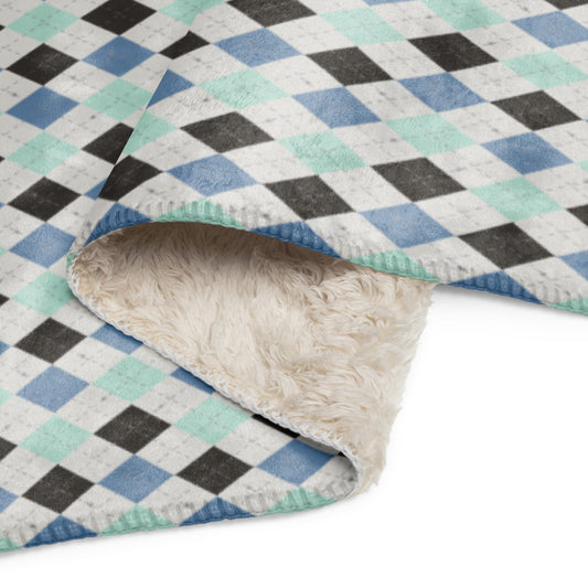 Spooky Spider Argyle Electric Blue Halloween Sherpa Blanket | Cozy Plush Throw for Sofa or Bed