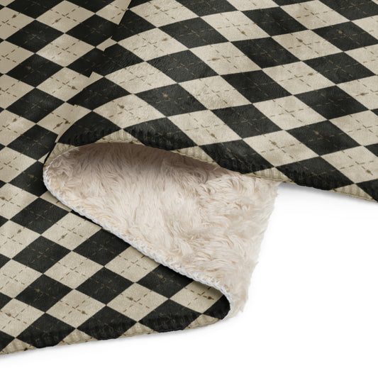 Spooky Spider Argyle Golden Moon Halloween Sherpa Blanket | Cozy Plush Throw for Sofa or Bed