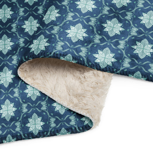 Scandinavian Christmas Poinsettia Sherpa Blanket – Frost & Blue Folk Floral Throw | Cozy Nordic Holiday Decor, Classy Winter Gift