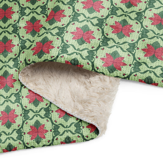 Scandinavian Christmas Poinsettia Sherpa Blanket – Red & Light Green Folk Floral Throw | Cozy Nordic Holiday Decor, Classy Winter Gift