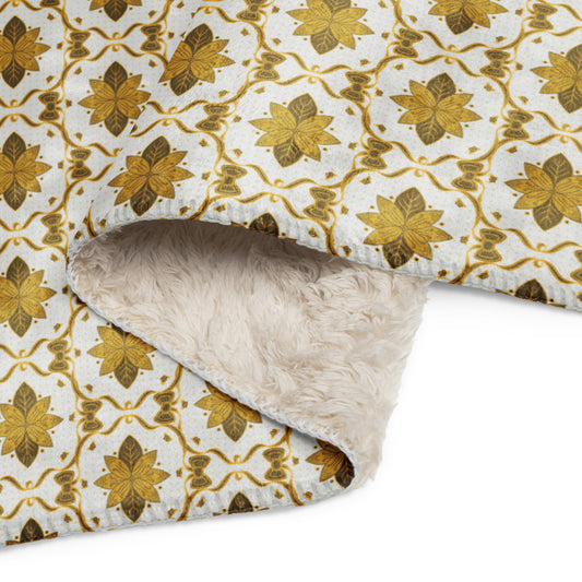 Scandinavian Christmas Poinsettia Sherpa Blanket – Gold & White Folk Floral Throw | Cozy Nordic Holiday Decor, Classy Winter Gift