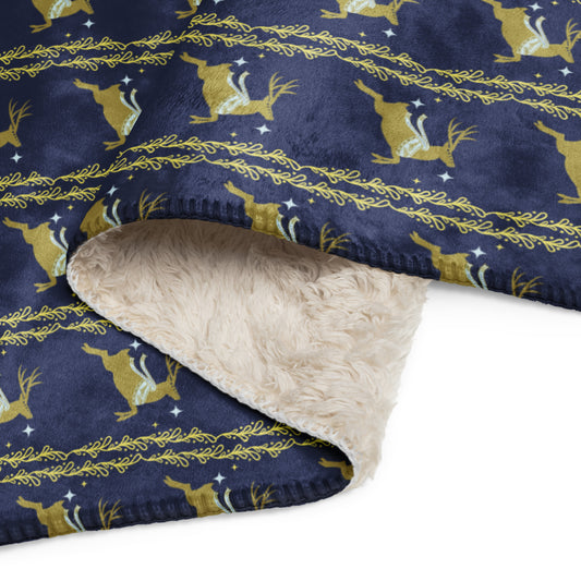 Scandinavian Christmas Reindeer Sherpa Blanket – Navy & Gold Nordic Folk Art | Cozy Winter Throw | Whimsical Holiday Home Decor