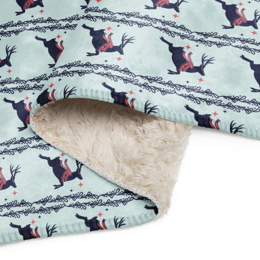 Scandinavian Christmas Reindeer Sherpa Blanket – Red & Blue Nordic Folk Art | Cozy Winter Throw | Whimsical Holiday Home Decor