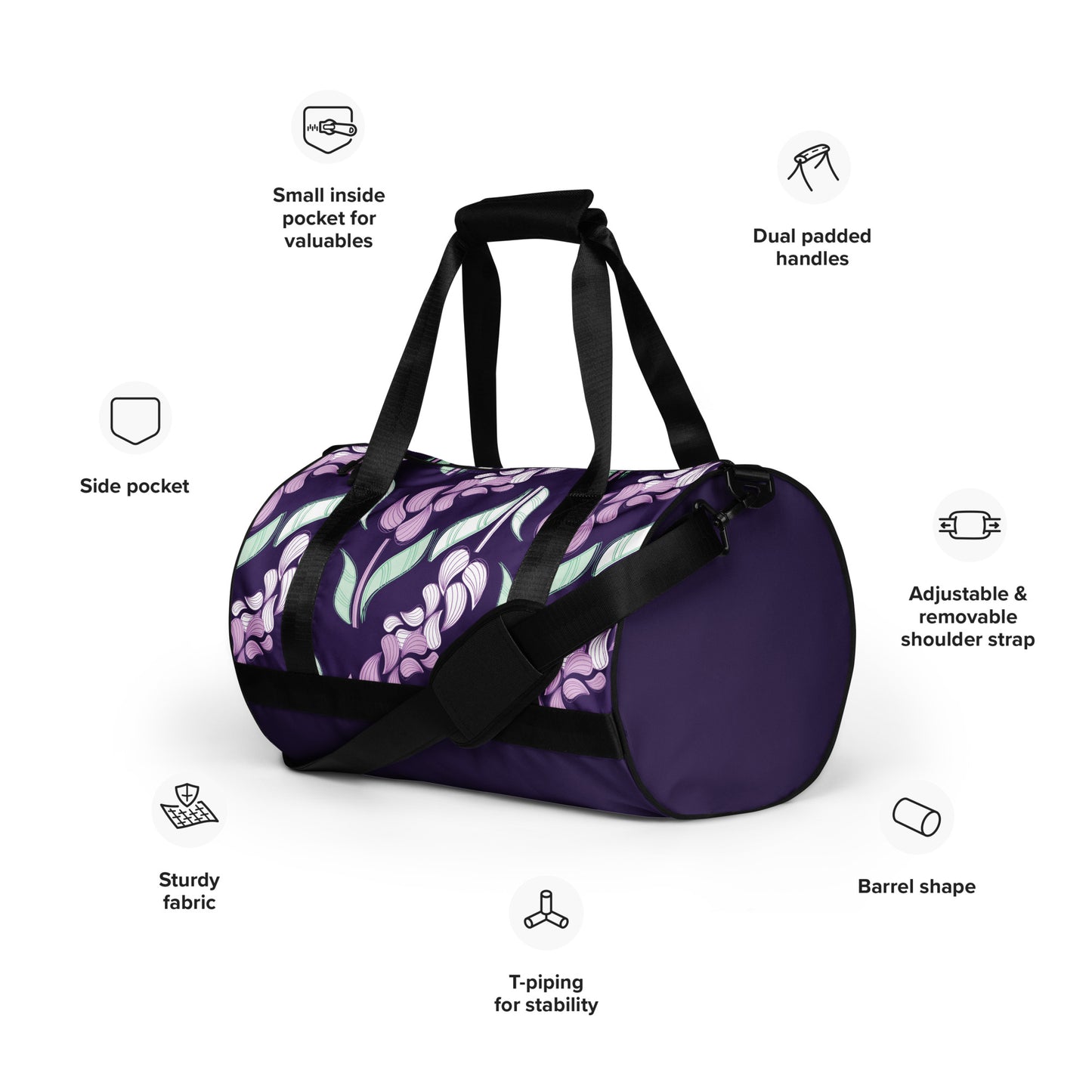 Bold Purple Lavender Floral Gym Bag | Water-Resistant Workout & Travel Duffel