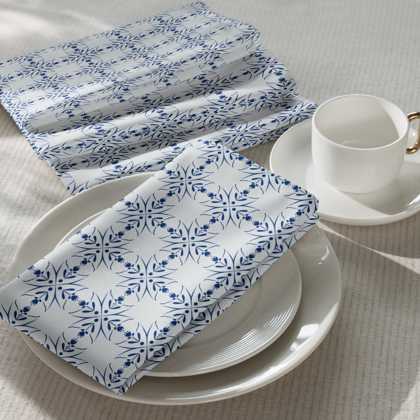 Nordic Floral Blue Cloth Napkins | Reusable Fabric Table Linens | Set of 4