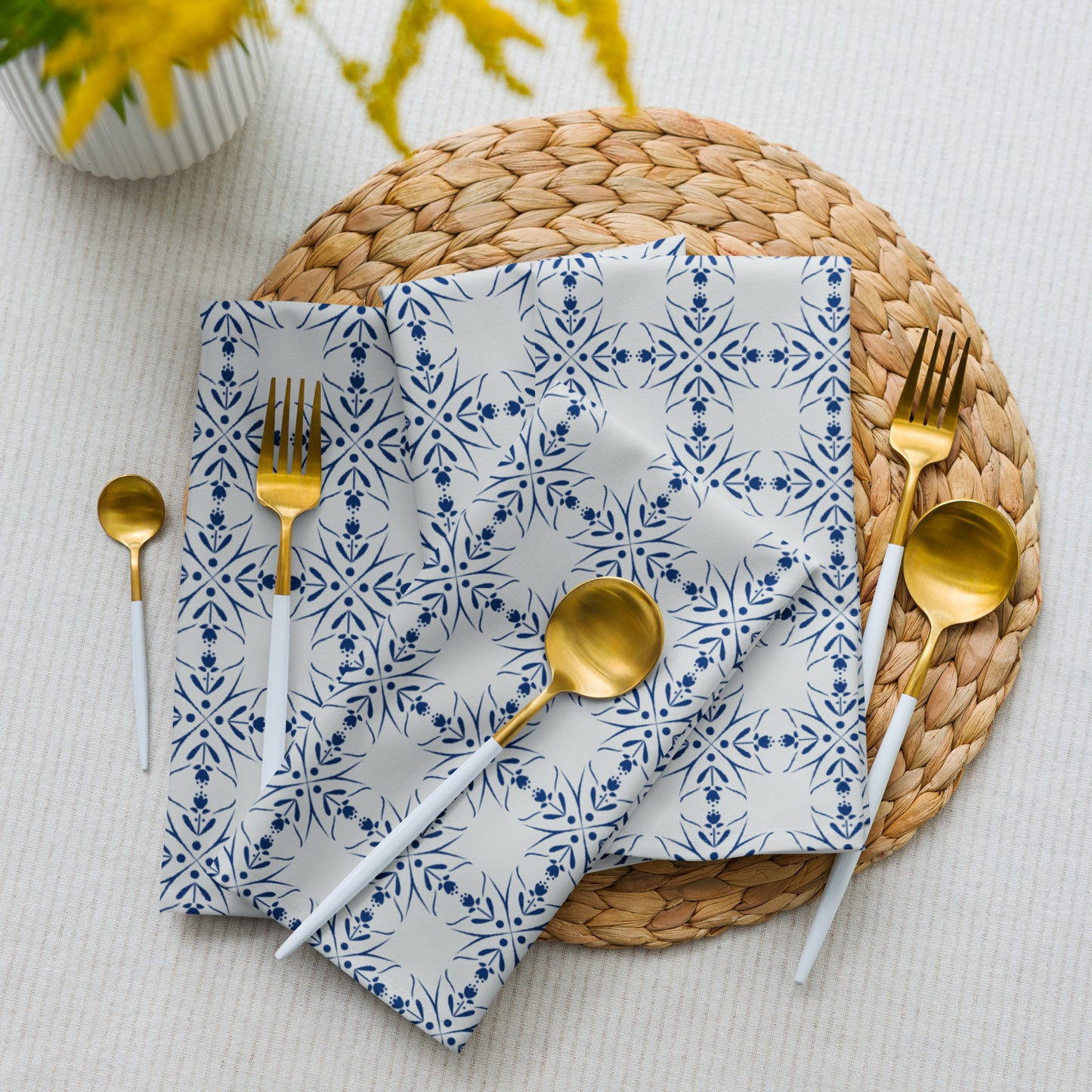 Nordic Floral Blue Cloth Napkins | Reusable Fabric Table Linens | Set of 4