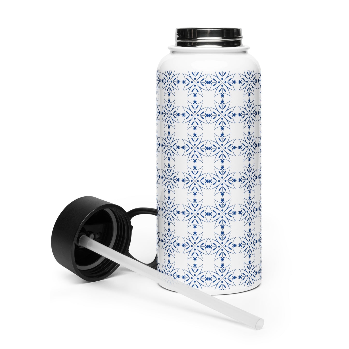 Nordic Floral Blue Water Bottle | 32 oz Insulated Stainless Steel with Straw