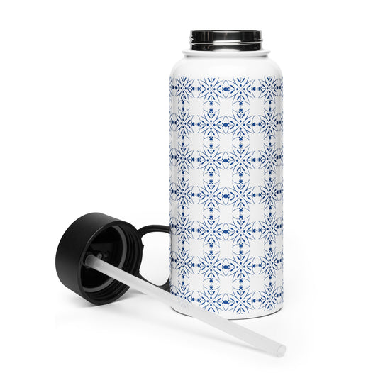 Nordic Floral Blue Water Bottle | 32 oz Insulated Stainless Steel with Straw