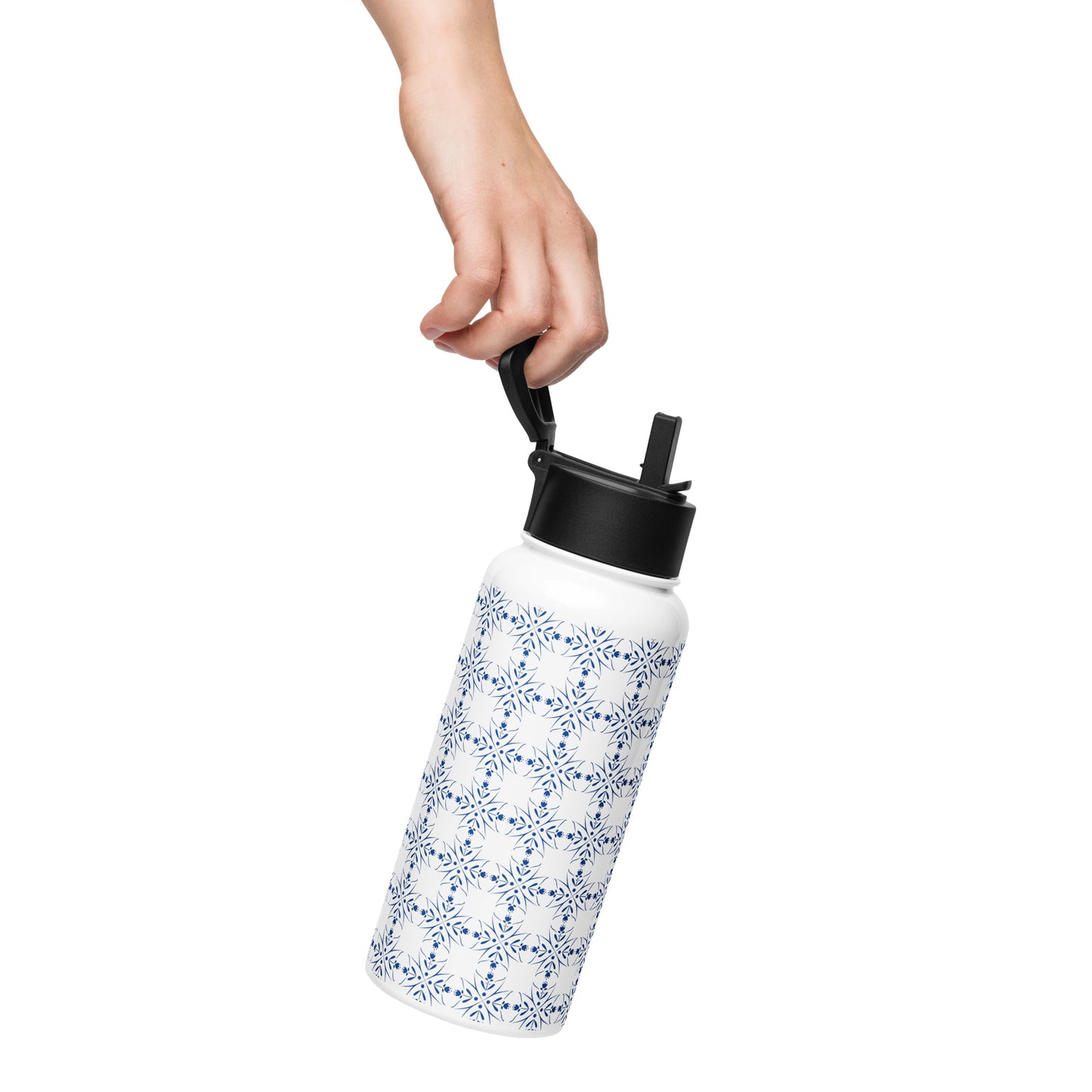 Nordic Floral Blue Water Bottle | 32 oz Insulated Stainless Steel with Straw