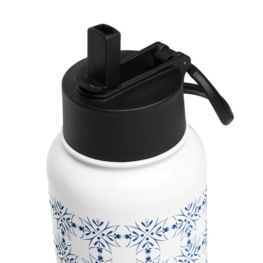 Nordic Floral Blue Water Bottle | 32 oz Insulated Stainless Steel with Straw