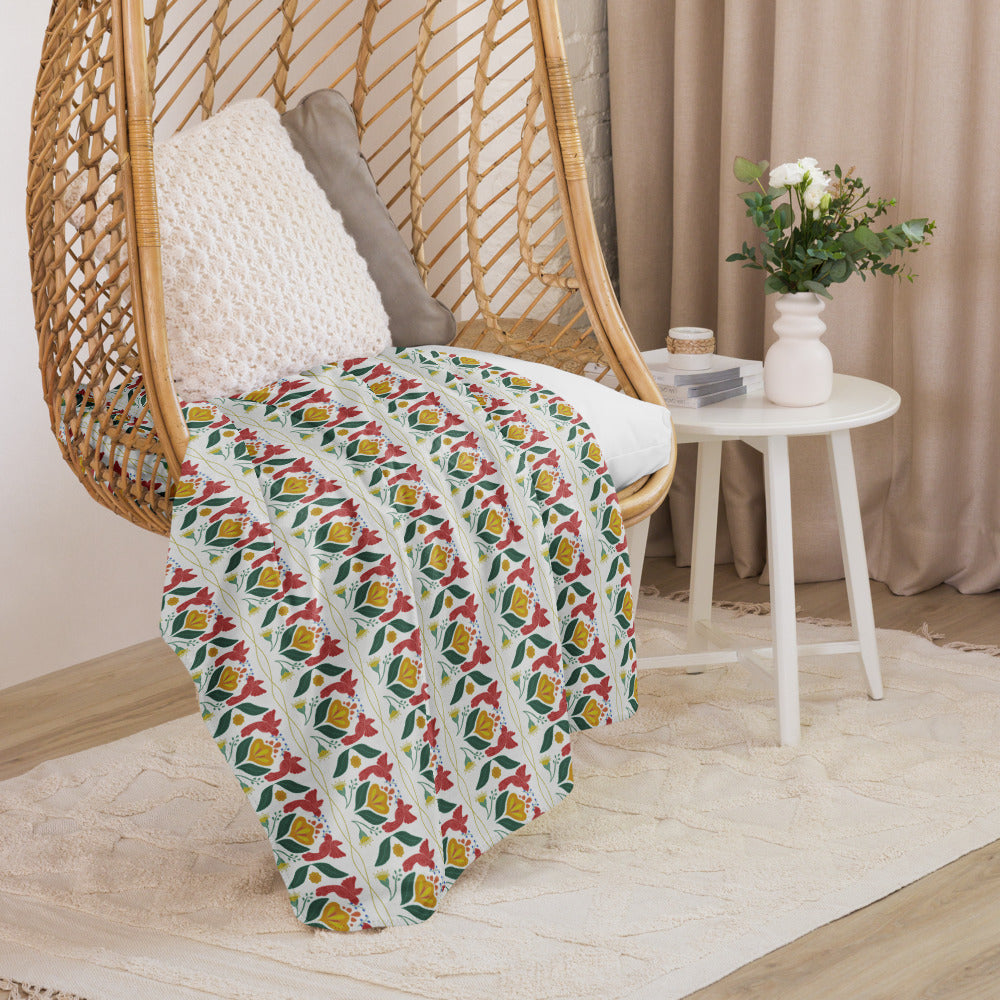 Bird & Bloom Red and Gold Sherpa Blanket | Cozy Plush Throw for Sofa or Bed