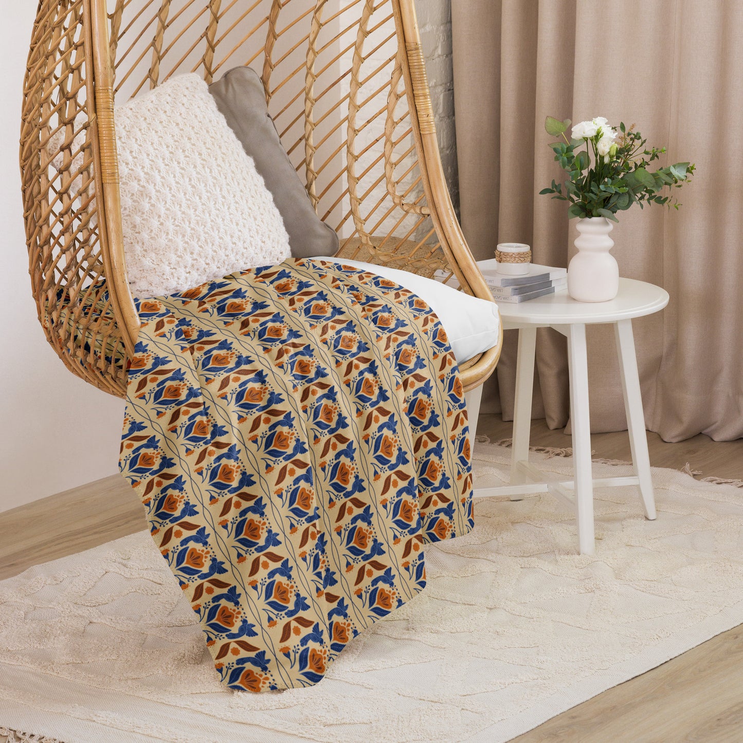 Bird & Bloom Tumeric and Blue Sherpa Blanket | Cozy Plush Throw for Sofa or Bed