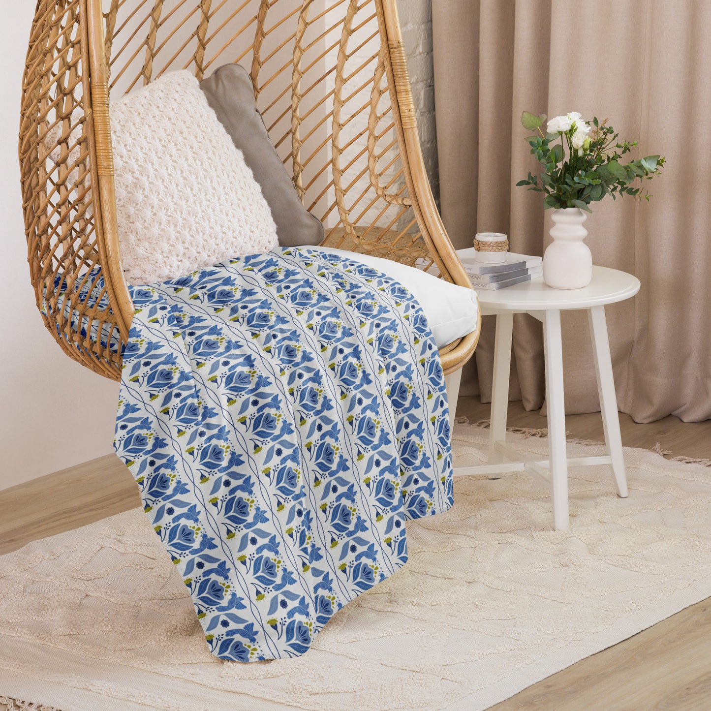 Bird & Bloom Blue and Yellow Sherpa Blanket | Cozy Plush Throw for Sofa or Bed