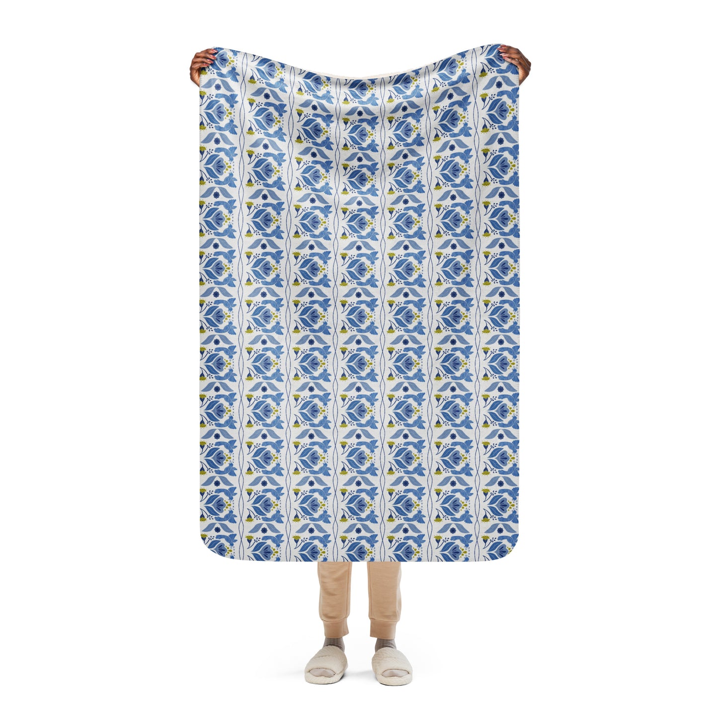 Bird & Bloom Blue and Yellow Sherpa Blanket | Cozy Plush Throw for Sofa or Bed