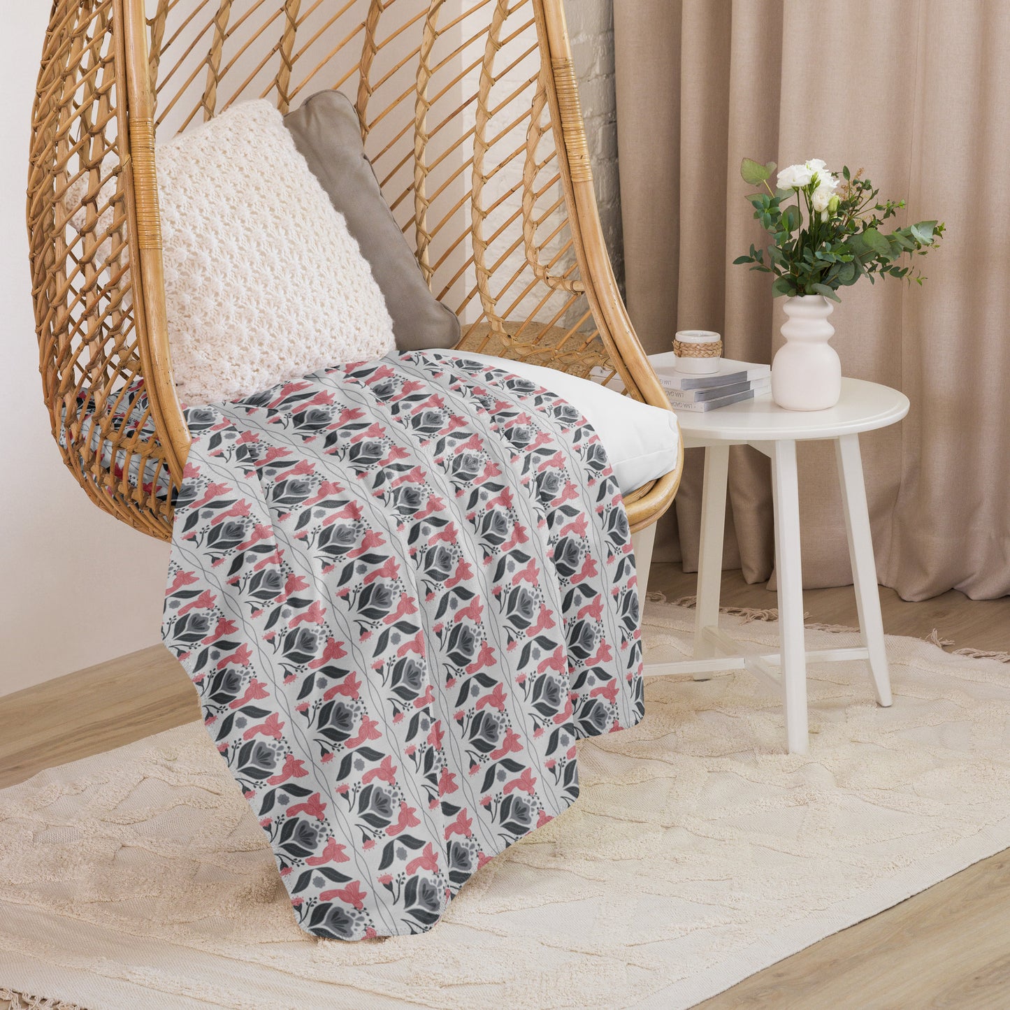 Bird & Bloom Blush and Grey Sherpa Blanket | Cozy Plush Throw for Sofa or Bed