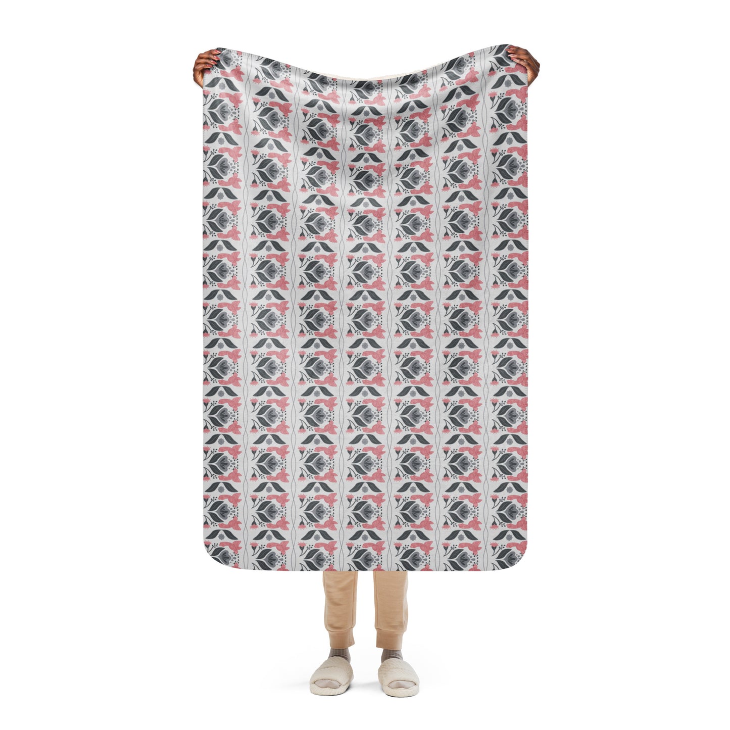 Bird & Bloom Blush and Grey Sherpa Blanket | Cozy Plush Throw for Sofa or Bed