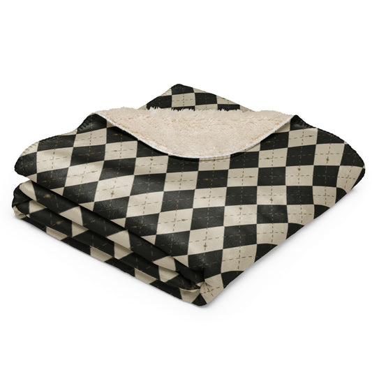 Spooky Spider Argyle Golden Moon Halloween Sherpa Blanket | Cozy Plush Throw for Sofa or Bed