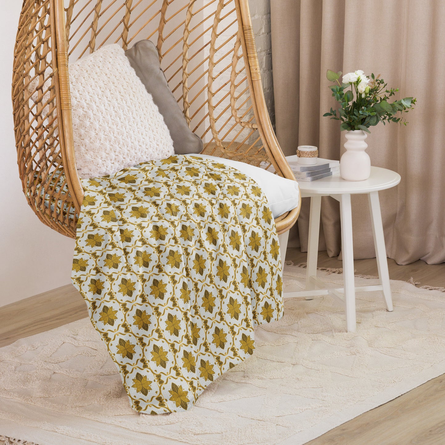 Scandinavian Christmas Poinsettia Sherpa Blanket – Gold & White Folk Floral Throw | Cozy Nordic Holiday Decor, Classy Winter Gift