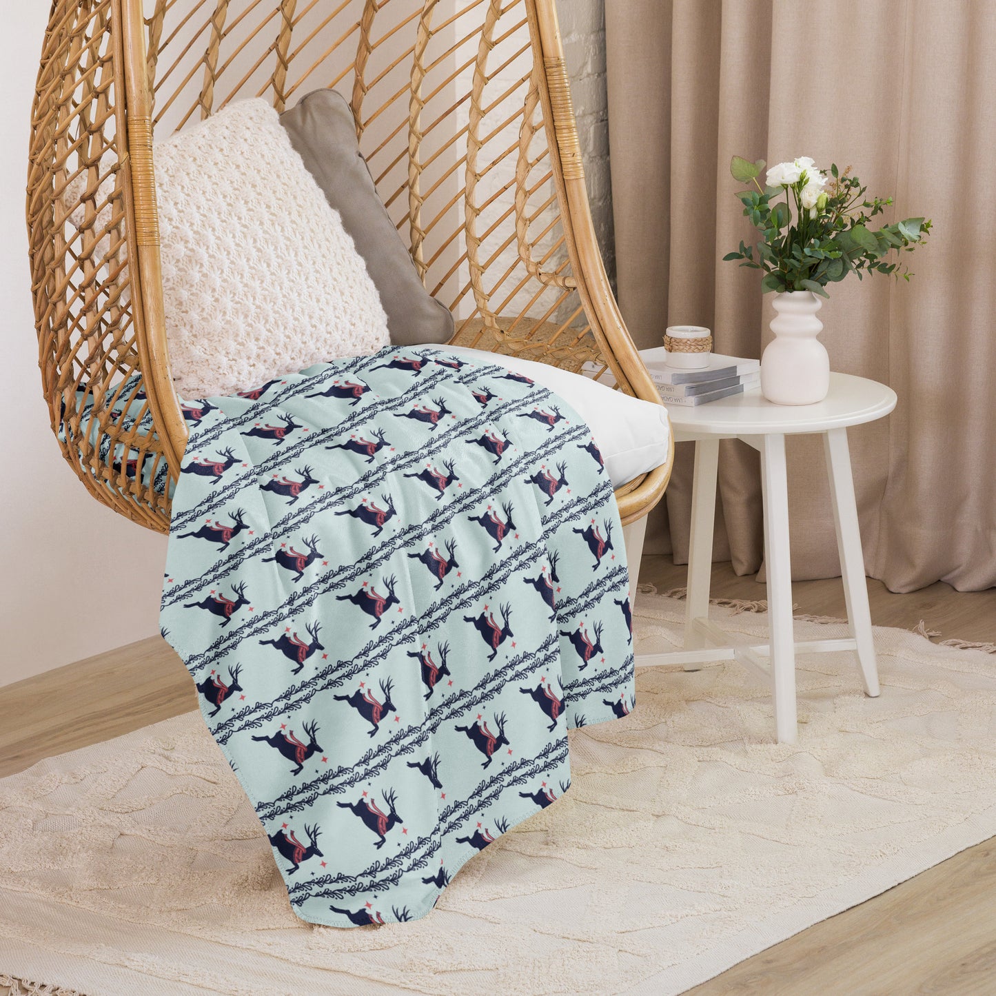 Scandinavian Christmas Reindeer Sherpa Blanket – Red & Blue Nordic Folk Art | Cozy Winter Throw | Whimsical Holiday Home Decor