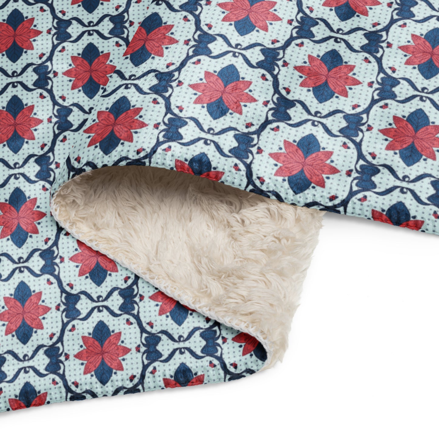 Scandinavian Christmas Poinsettia Sherpa Blanket – Red & Navy Folk Floral Throw | Cozy Nordic Holiday Decor, Luxury Winter Gift