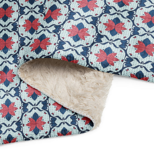 Scandinavian Christmas Poinsettia Sherpa Blanket – Red & Navy Folk Floral Throw | Cozy Nordic Holiday Decor, Luxury Winter Gift