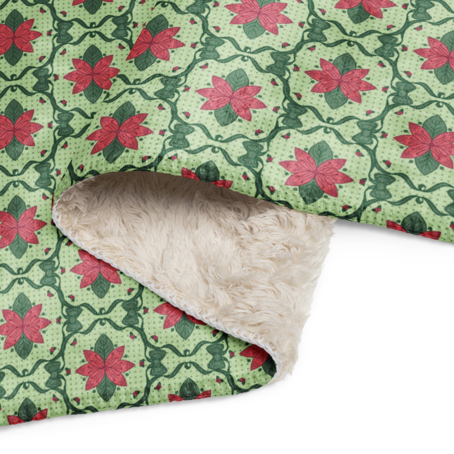 Scandinavian Christmas Poinsettia Sherpa Blanket – Red & Light Green Folk Floral Throw | Cozy Nordic Holiday Decor, Classy Winter Gift