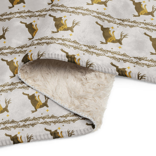Scandinavian Christmas Reindeer Sherpa Blanket – Gold & White Nordic Folk Art | Cozy Winter Throw | Whimsical Holiday Home Decor