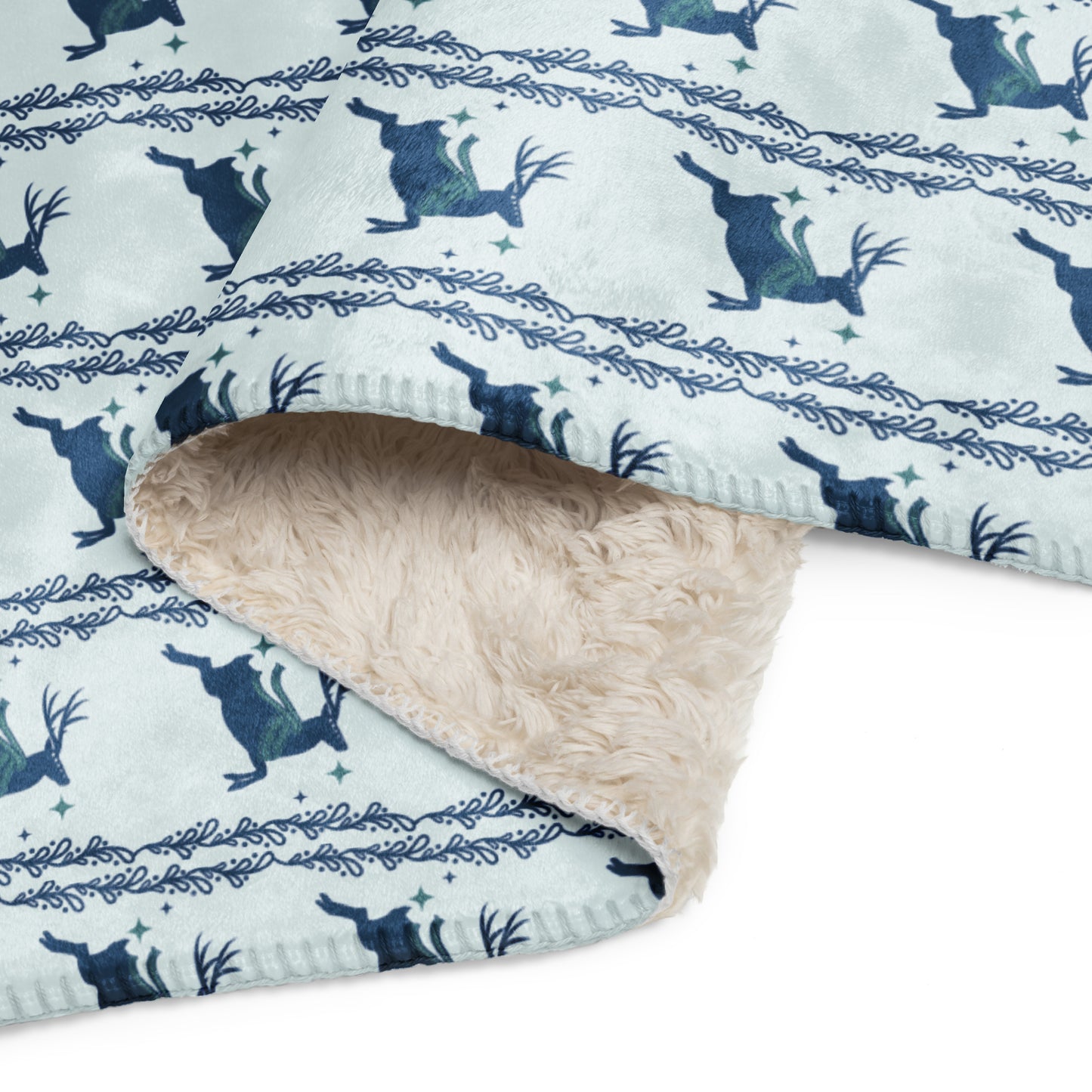 Scandinavian Christmas Reindeer Sherpa Blanket – Frost & Blue Nordic Folk Art | Cozy Winter Throw | Whimsical Holiday Home Decor