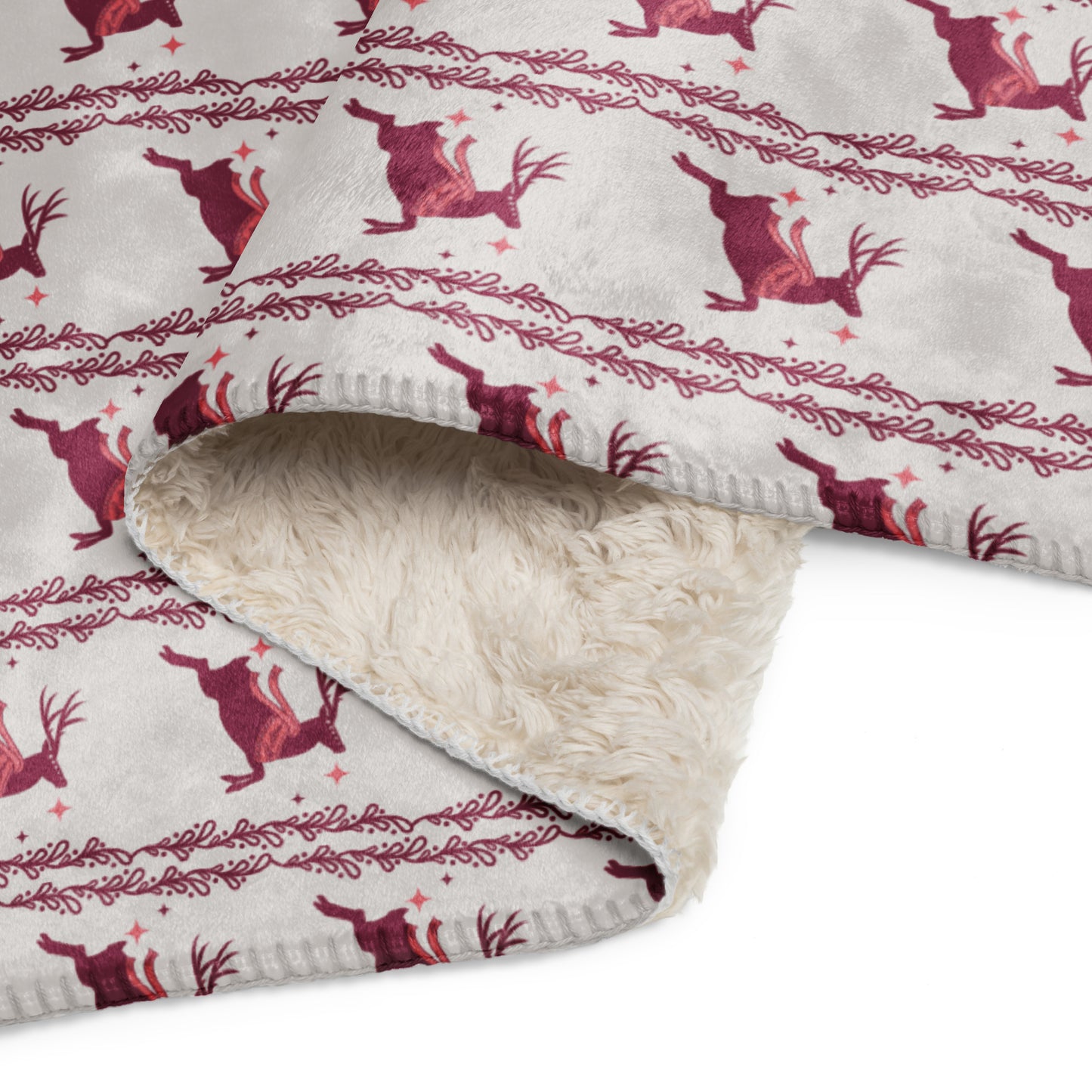 Scandinavian Christmas Reindeer Sherpa Blanket – Pink & Red Nordic Folk Art | Cozy Winter Throw | Whimsical Holiday Home Decor