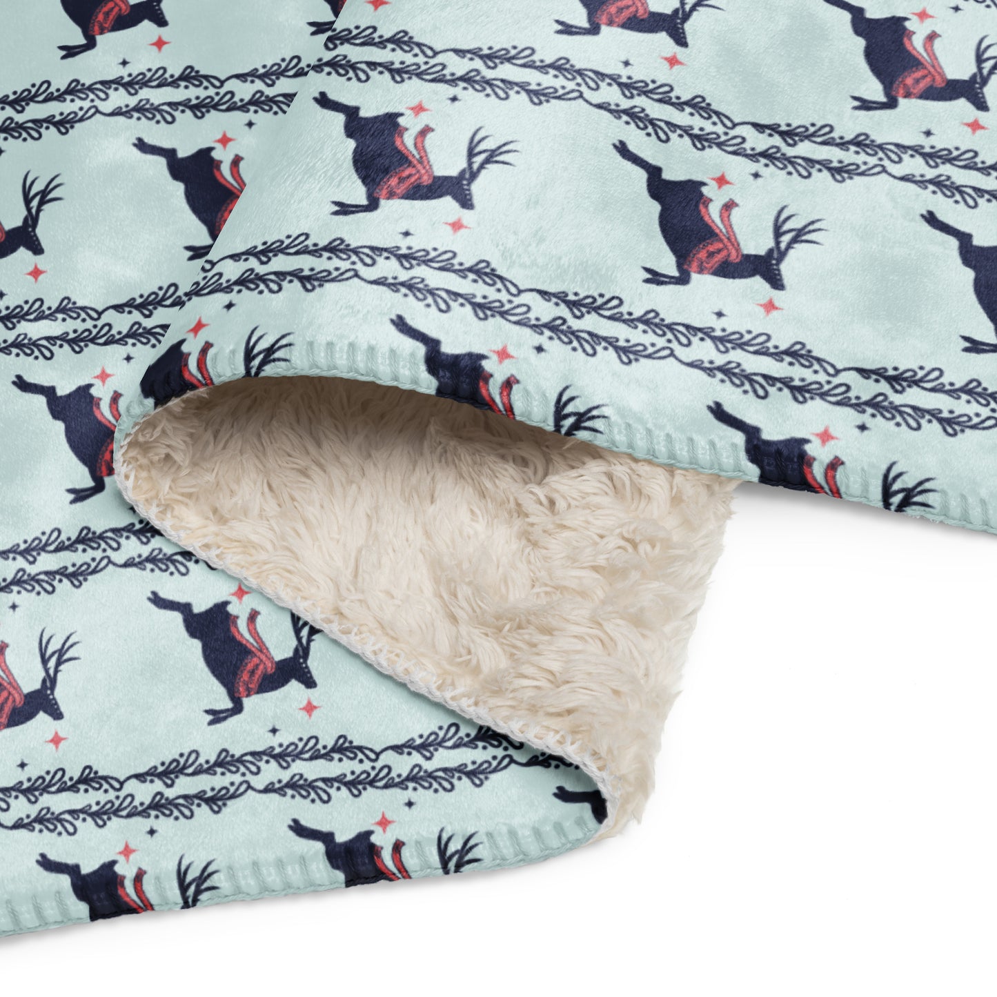 Scandinavian Christmas Reindeer Sherpa Blanket – Red & Blue Nordic Folk Art | Cozy Winter Throw | Whimsical Holiday Home Decor