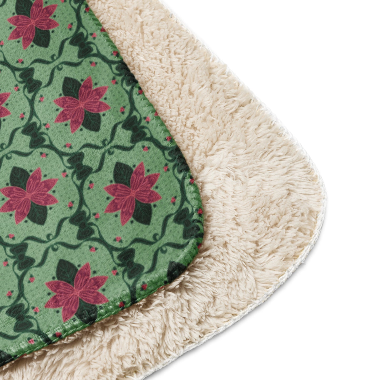 Scandinavian Christmas Poinsettia Sherpa Blanket – Red & Green Folk Floral Throw | Cozy Nordic Holiday Decor, Classy Winter Gift