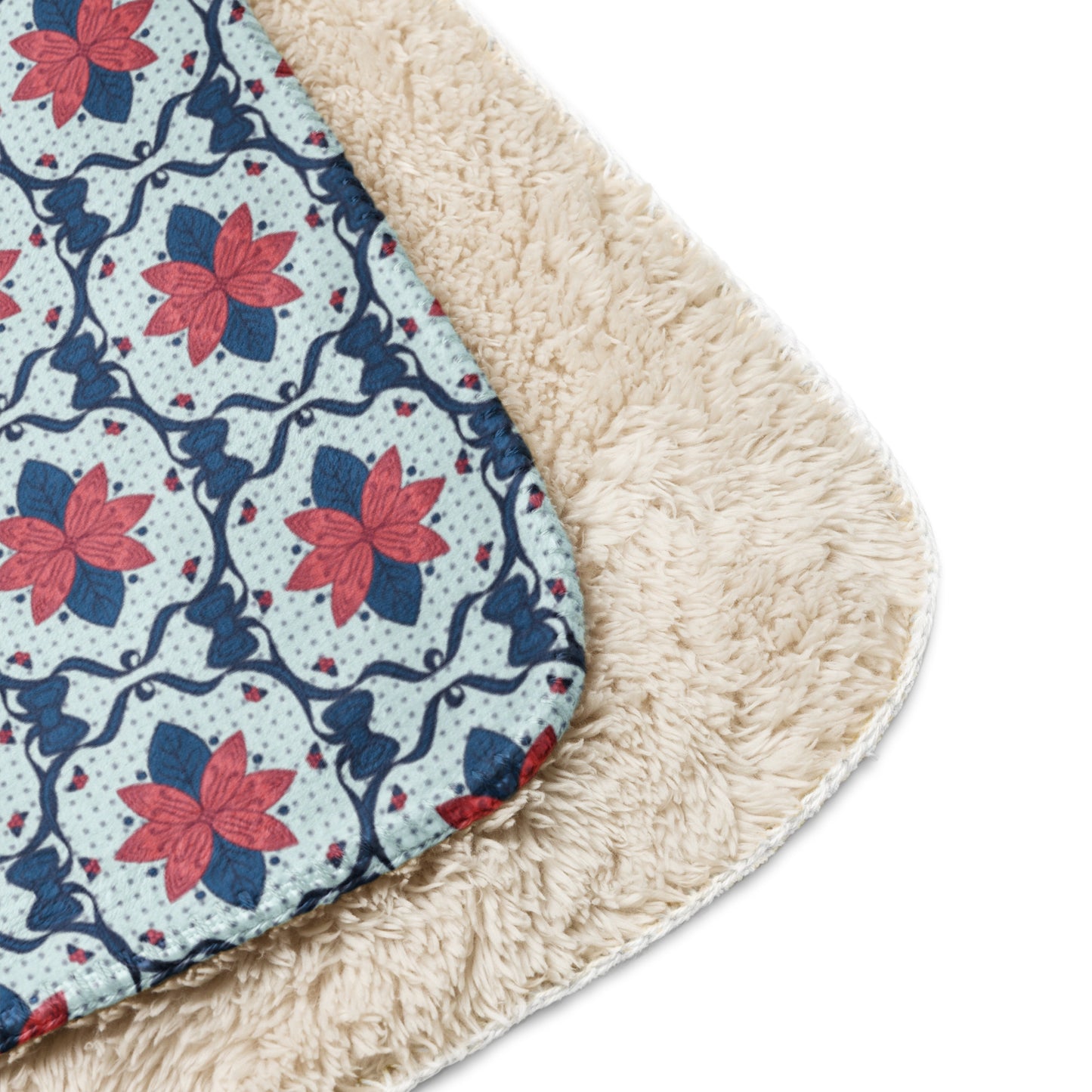 Scandinavian Christmas Poinsettia Sherpa Blanket – Red & Navy Folk Floral Throw | Cozy Nordic Holiday Decor, Luxury Winter Gift