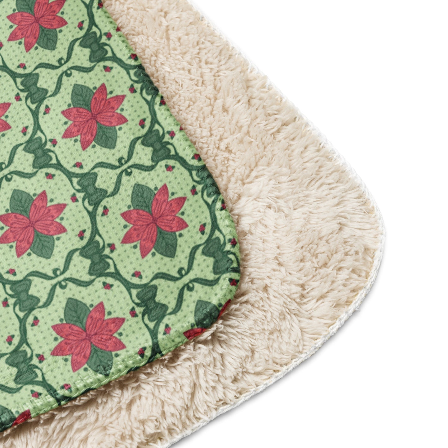 Scandinavian Christmas Poinsettia Sherpa Blanket – Red & Light Green Folk Floral Throw | Cozy Nordic Holiday Decor, Classy Winter Gift