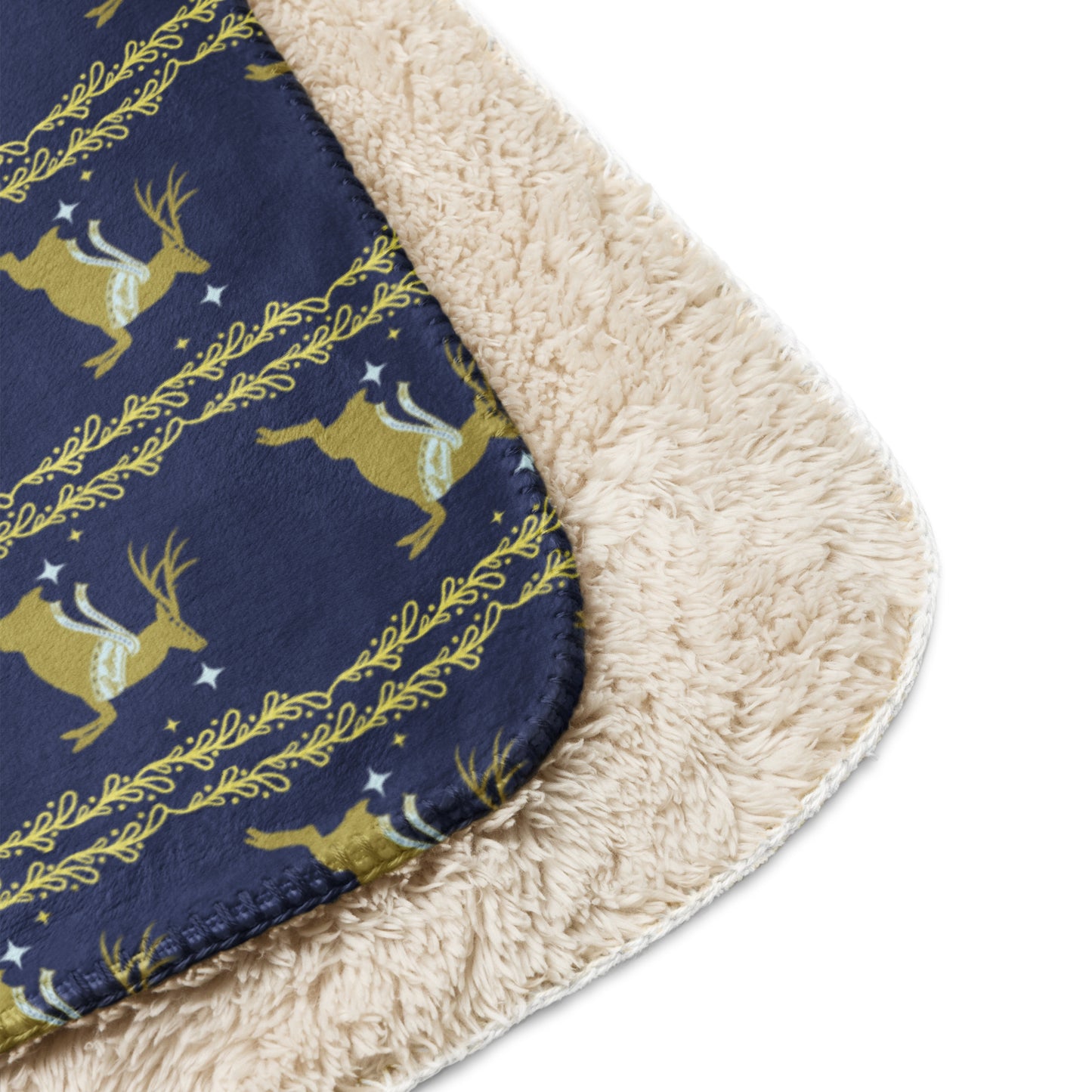 Scandinavian Christmas Reindeer Sherpa Blanket – Navy & Gold Nordic Folk Art | Cozy Winter Throw | Whimsical Holiday Home Decor