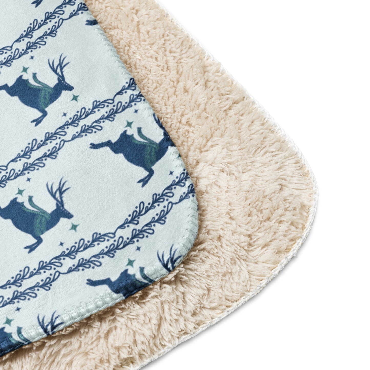 Scandinavian Christmas Reindeer Sherpa Blanket – Frost & Blue Nordic Folk Art | Cozy Winter Throw | Whimsical Holiday Home Decor