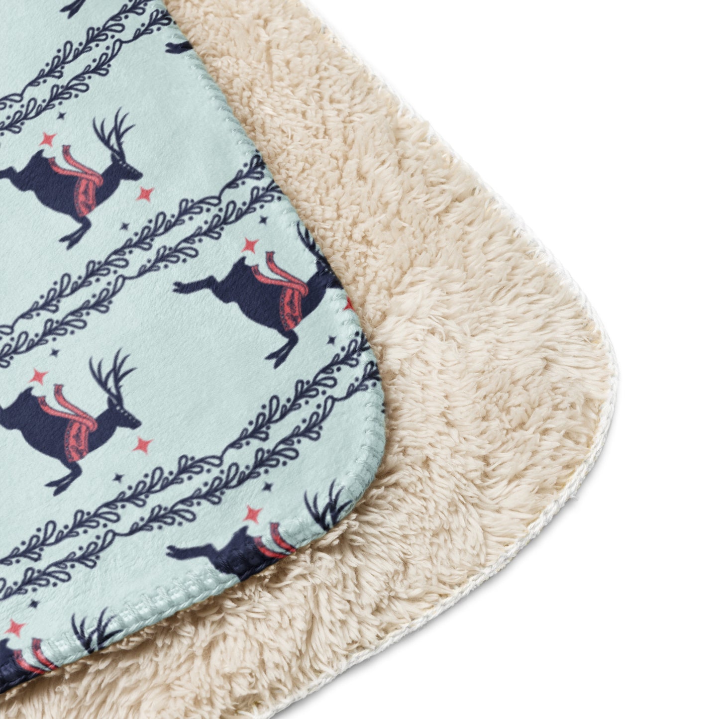 Scandinavian Christmas Reindeer Sherpa Blanket – Red & Blue Nordic Folk Art | Cozy Winter Throw | Whimsical Holiday Home Decor