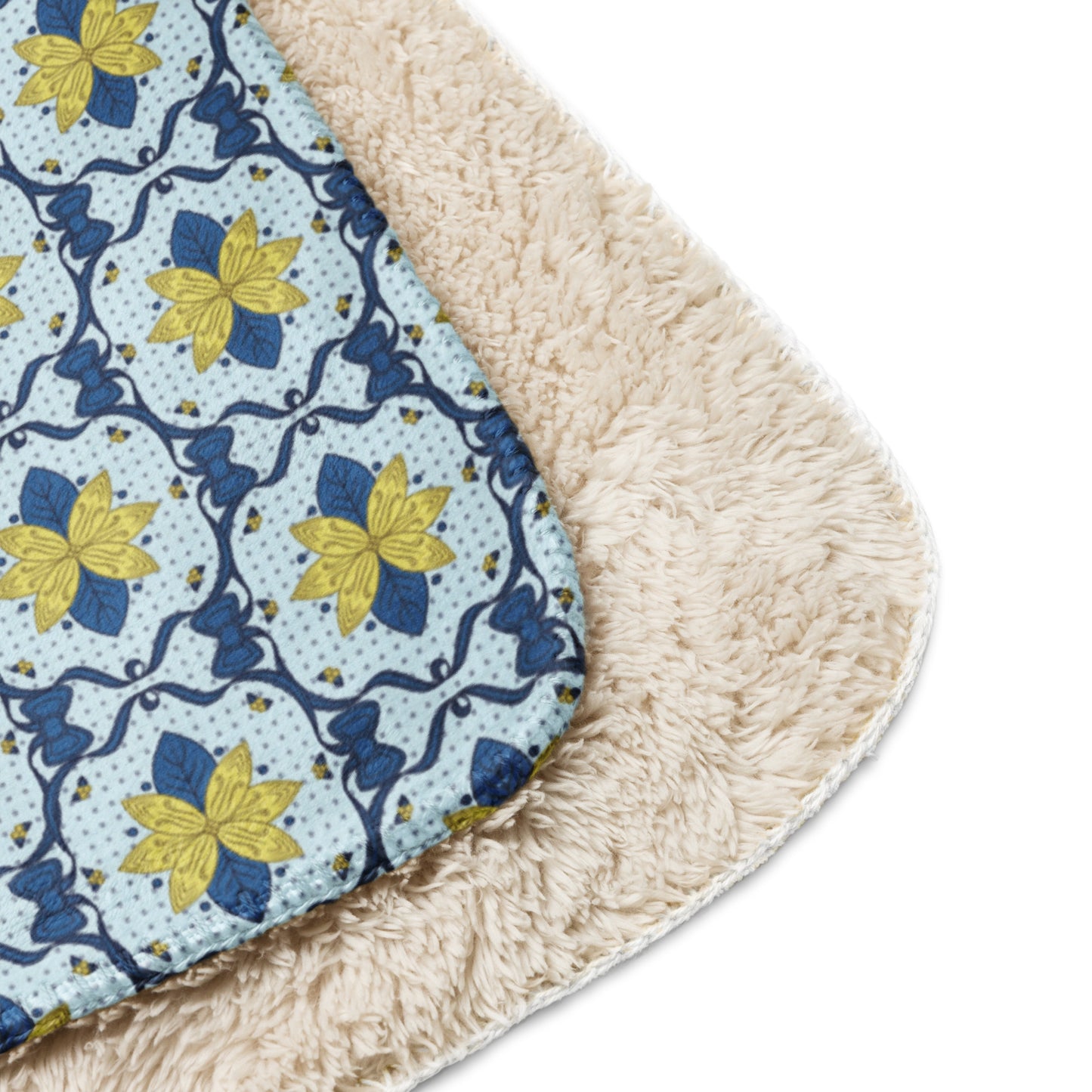 Scandinavian Christmas Poinsettia Sherpa Blanket – Blue & Gold Folk Floral Throw | Cozy Nordic Holiday Decor, Classy Winter Gift